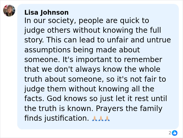Comment by Lisa Johnson emphasizing not to judge suspects without knowing full facts in missing mom case involving Savannah Guthrie's brother-in-law.