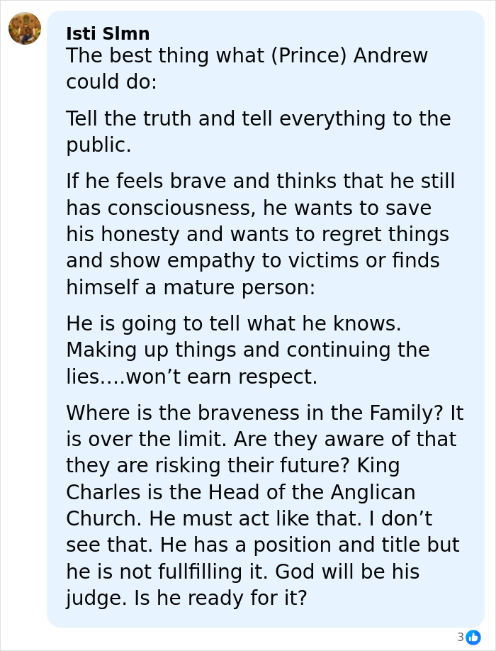 Comment discussing Prince William and Kate Middleton amid royal scrutiny related to Epstein files and calls for truth and bravery.