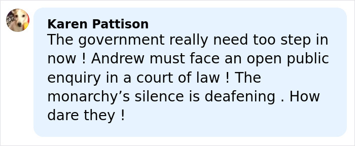 Comment by Karen Pattison expressing frustration over monarchy's silence and calling for public inquiry amid royal scrutiny.