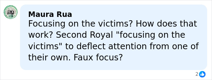 Comment by Maura Rua questioning the royal family&rsquo;s focus on victims amid Epstein files and royal scrutiny.
