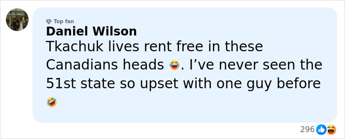 Comment from a top fan named Daniel Wilson about Olympic hockey rivals and heated rivalry on social media.