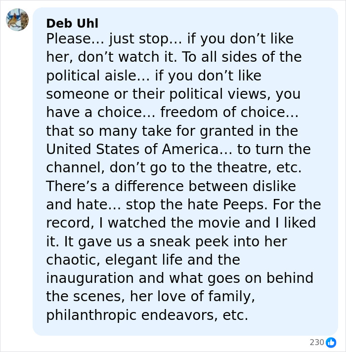 Alt text: Screenshot of a social media comment defending a Melania documentary amid theater's clap back and Amazon pulling controversy.
