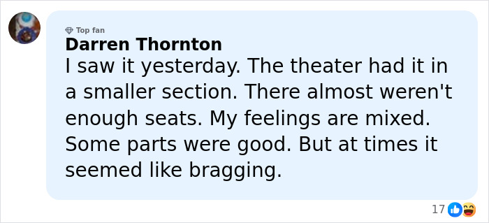 Screenshot of a social media comment discussing mixed feelings about a theater performance and seat availability.