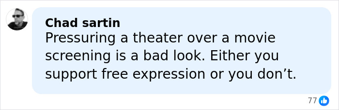 Comment from Chad sartin defending free expression after a theater's hilarious clap back over Amazon pulling Melania documentary.