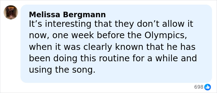 Comment from Melissa Bergmann discussing Olympic figure skater&rsquo;s strange choice of music now banned at Winter Games.