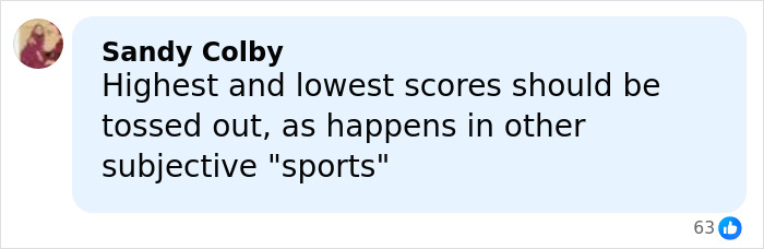 Comment by Sandy Colby suggesting highest and lowest scores be tossed out in subjective sports, related to US figure skating controversy.