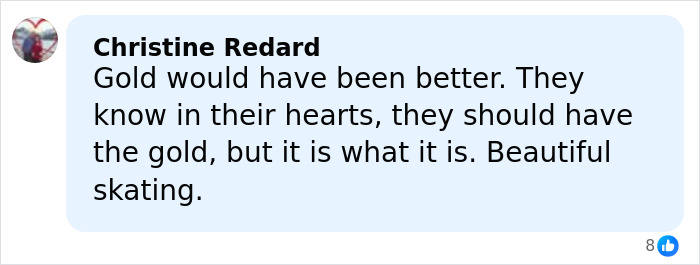 Comment from Christine Redard discussing the US figure skating gold medal controversy after cheating scandal.