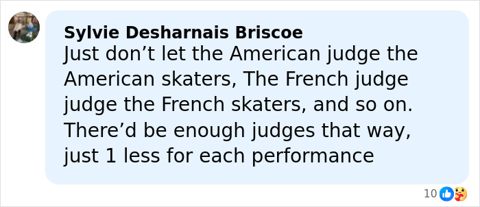 Comment from Sylvie Desharnais Briscoe discussing bias in judging affecting US figure skating results after cheating scandal.