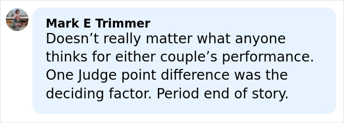 Comment from Mark E Trimmer discussing judge point difference affecting US Figure Skating team’s medal outcome after cheating scandal.
