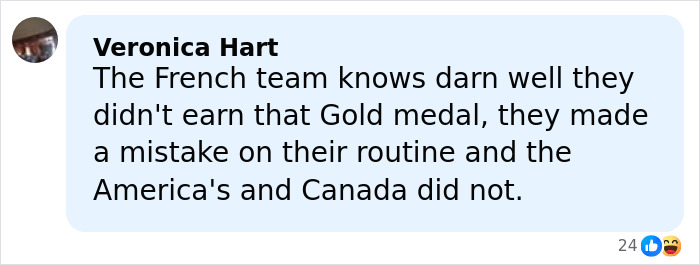 Comment by Veronica Hart discussing the cheating scandal blamed for costing Team USA gold medals in figure skating.