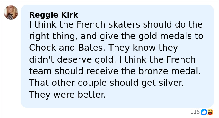 Comment from Reggie Kirk discussing the US figure skating gold medals after cheating scandal controversy.