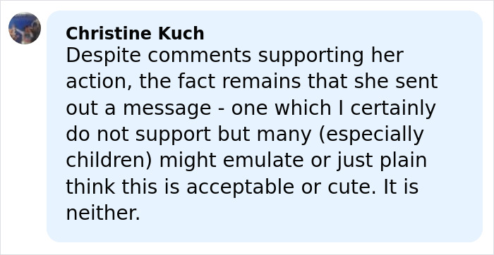 Comment by Christine Kuch criticizing Sabrina Carpenter&rsquo;s 2026 Grammys performance for being irresponsible and unacceptable.