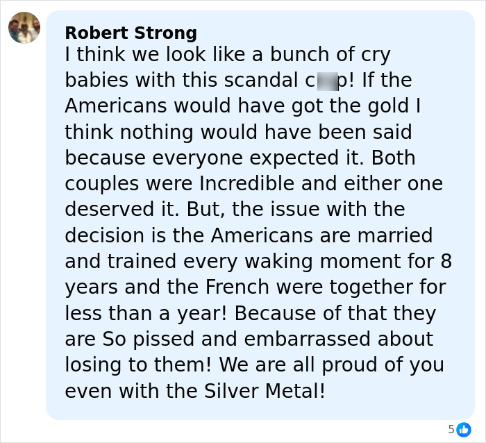 Comment expressing frustration over French ice skaters amid Olympic cheating scandal and heated public reactions.