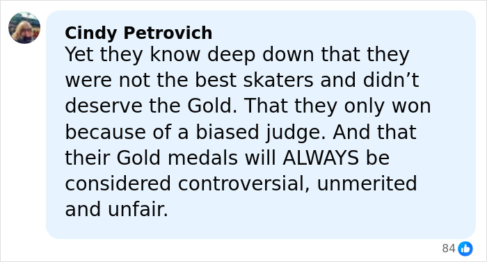 Comment from a social media user expressing anger over French ice skaters amid Olympic cheating scandal controversy.