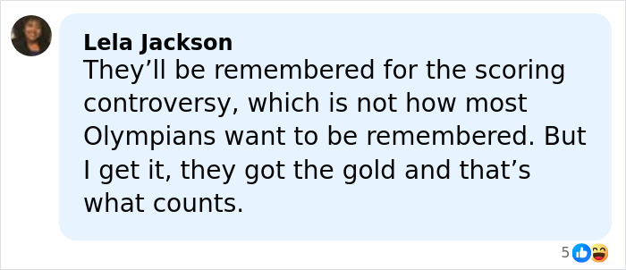 Alt text: Screenshot of a social media comment discussing the French ice skaters' scoring controversy amid Olympic cheating scandal.