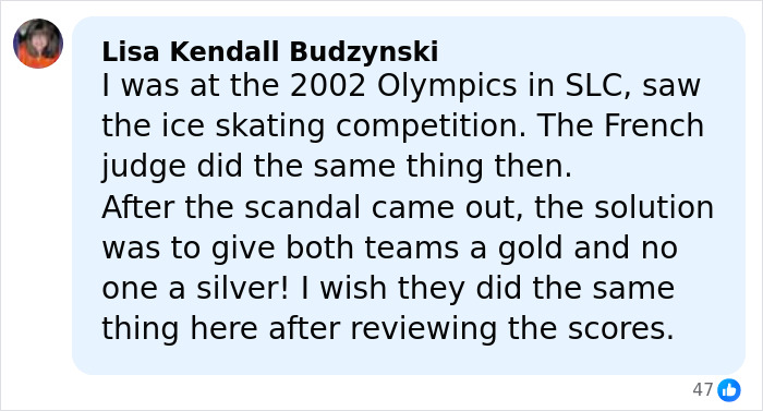 Commenter sharing experience at 2002 Olympics ice skating and referencing French ice skaters amid Olympic cheating scandal.