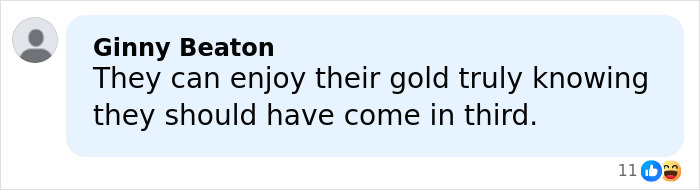 Screenshot of a social media comment criticizing French ice skaters amid Olympic cheating scandal controversy.