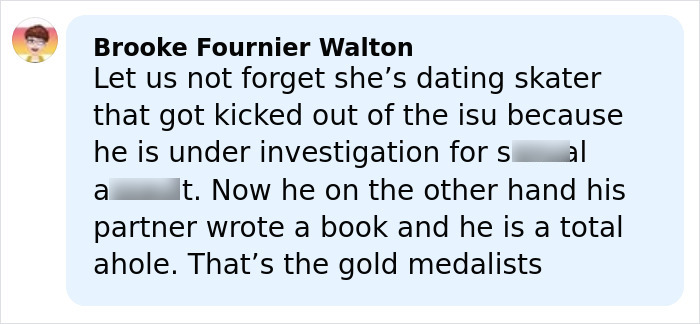 Comment about French ice skaters sparking fury amid heated Olympic cheating scandal visible on a social media post.