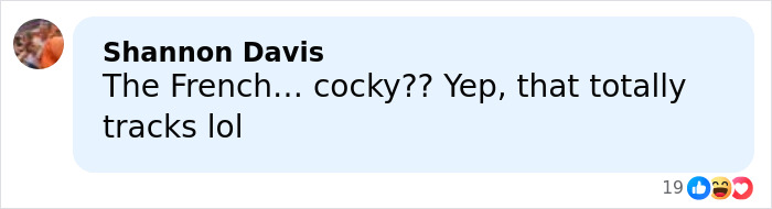 Facebook comment from Shannon Davis reacting to French ice skaters&rsquo; cocky remarks amid Olympic cheating scandal.