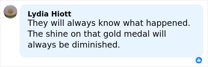 Facebook comment from Lydia Hiott expressing disappointment over a gold medal amid French ice skaters Olympic cheating scandal.
