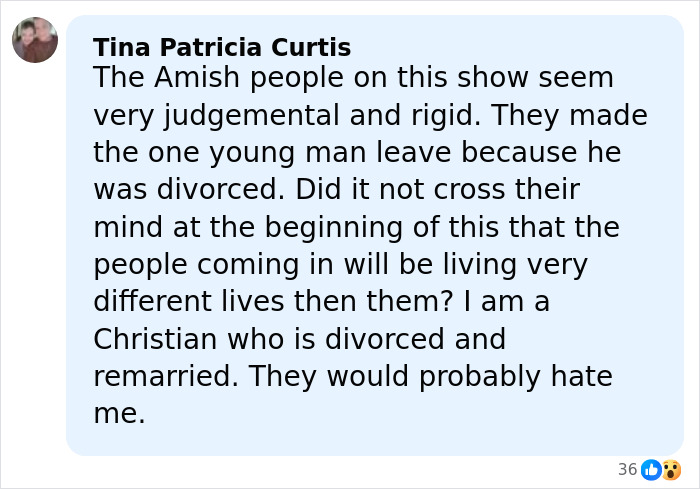 Comment from Tina Patricia Curtis discussing Amish community being judgmental and rigid about divorce and remarriage.