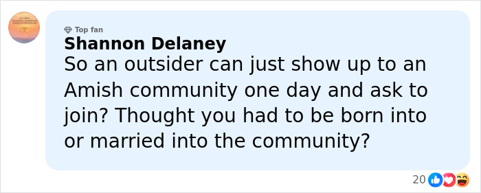 Comment by Shannon Delaney questioning how outsiders can join an Amish community, mentioning Amish community and joining.