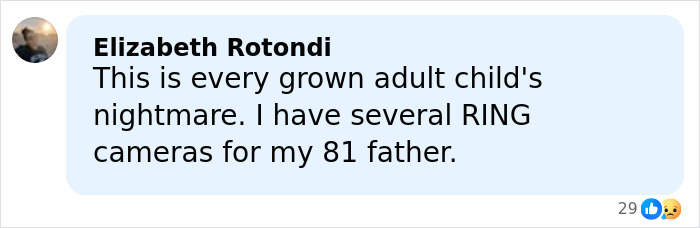 Comment by Elizabeth Rotondi about using RING cameras for elderly parents in relation to police theories on disappearance cases.