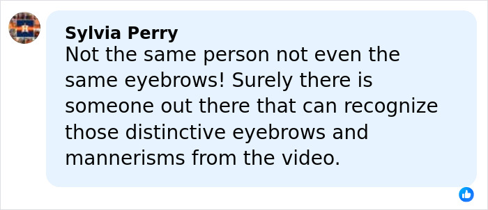 Comment by Sylvia Perry about distinctive eyebrows and mannerisms of Nancy Guthrie's masked suspect seen in the video.