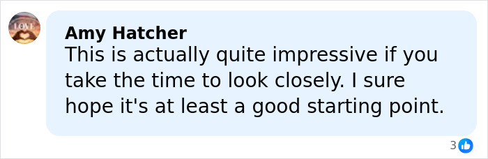 Comment by Amy Hatcher praising the first sketch of Nancy Guthrie's masked suspect as an impressive starting point.