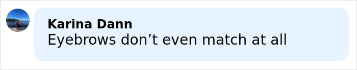 Comment bubble with user Karina Dann stating eyebrows don&rsquo;t even match at all in a plain text format.