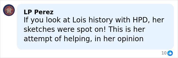 Comment from LP Perez discussing Lois&rsquo;s history with HPD and her accurate sketches in an attempt to help the case.