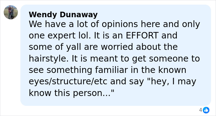 Comment from Wendy Dunaway discussing opinions and efforts about recognizing Nancy Guthrie's masked suspect sketch.