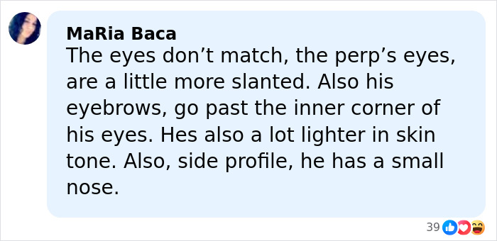Comment discussing differences in eye shape, eyebrows, skin tone, and nose of Nancy Guthrie's masked suspect sketch.
