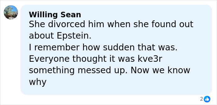 Comment from Willing Sean discussing Melinda Gates divorcing Bill Gates after Epstein revelations and related STD allegations.