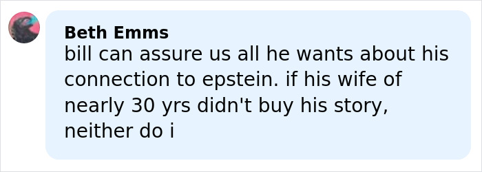 Comment by Beth Emms expressing doubt about Bill Gates' connection to Epstein and Melinda Gates' disbelief in his story.