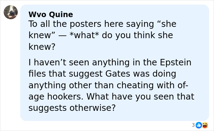 Comment discussing Melinda Gates' response on forgiving Bill Gates amid Epstein files and STD allegations.