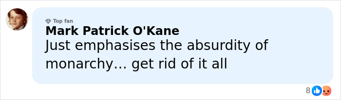 Comment from user Mark Patrick O'Kane expressing his opinion on monarchy, related to exotic dancer's shocking allegations.