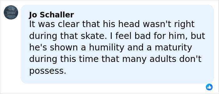 User comment by Jo Schaller expressing sympathy and admiration for Ilia Malinin’s humility and maturity after a tough Olympic skate.