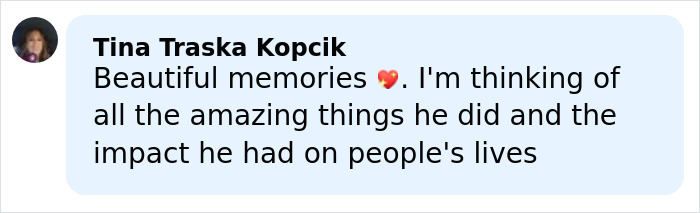 Comment from Tina Traska Kopcik sharing heartfelt memories of James Van Der Beek&rsquo;s final days and his impact on lives.