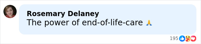 Comment by Rosemary Delaney reading The power of end-of-life-care with a praying hands emoji on a social media post.
