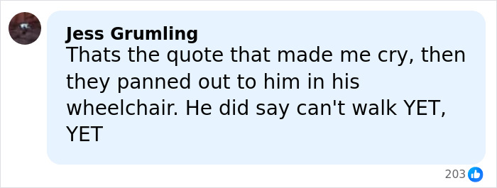 Comment from Jess Grumling discussing ANTM star J Alexander’s stroke and his current wheelchair use and recovery progress.