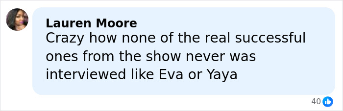User comment by Lauren Moore discussing successful ANTM contestants and interviews on a social media platform.