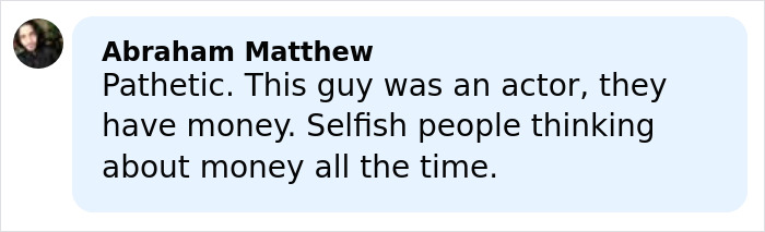 Commenter Abraham Matthew criticizing the GoFundMe for James Van Der Beek&rsquo;s family, mentioning money and actors.