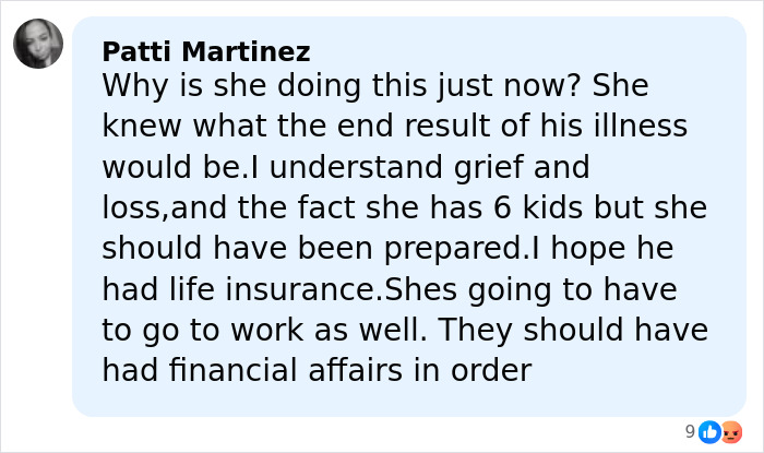 Comment discussing grief, financial planning, and the need to hire a money manager amid GoFundMe debate for family support.