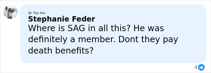 Screenshot of social media comment questioning SAG death benefits amid GoFundMe for James Van Der Beek family debate.