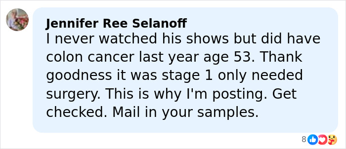 Comment by Jennifer Ree Selanoff sharing her colon cancer experience and urging others to get checked, related to James Van Der Beek.