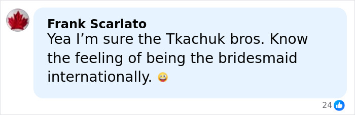 Facebook comment by Frank Scarlato about Tkachuk brothers referencing hot-mic moment in Olympic hockey rivalry.