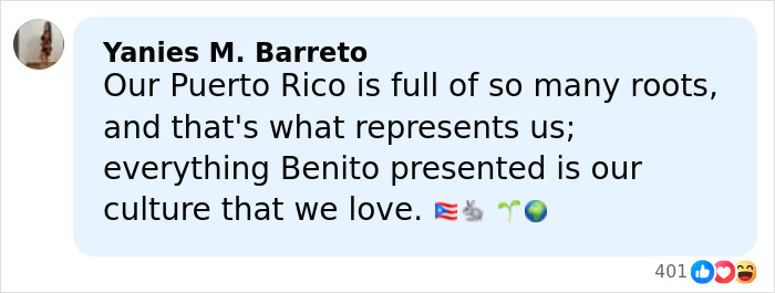 Comment by Yanies M. Barreto expressing pride in Puerto Rico&rsquo;s culture and reference to Benito in a social media post.