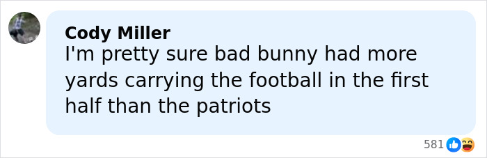 Comment from Cody Miller discussing Bad Bunny&rsquo;s performance and football yards during the Super Bowl halftime show.