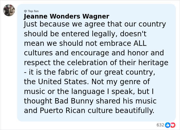 User comment praising Bad Bunny's music and Puerto Rican culture during Super Bowl 2026 halftime, highlighting cultural respect.